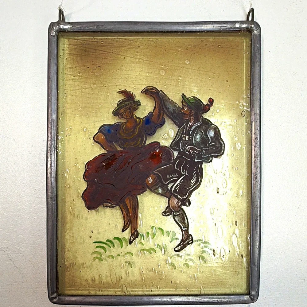 Vintage German Glass Reverse Painting Dancing Couple Metal Frame Oktoberfest